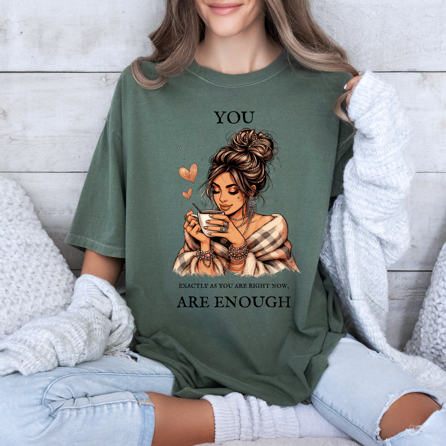 ✨☕ Cozy Self-Love Tee 💕🌸
“You Are Enough” 🌿💖