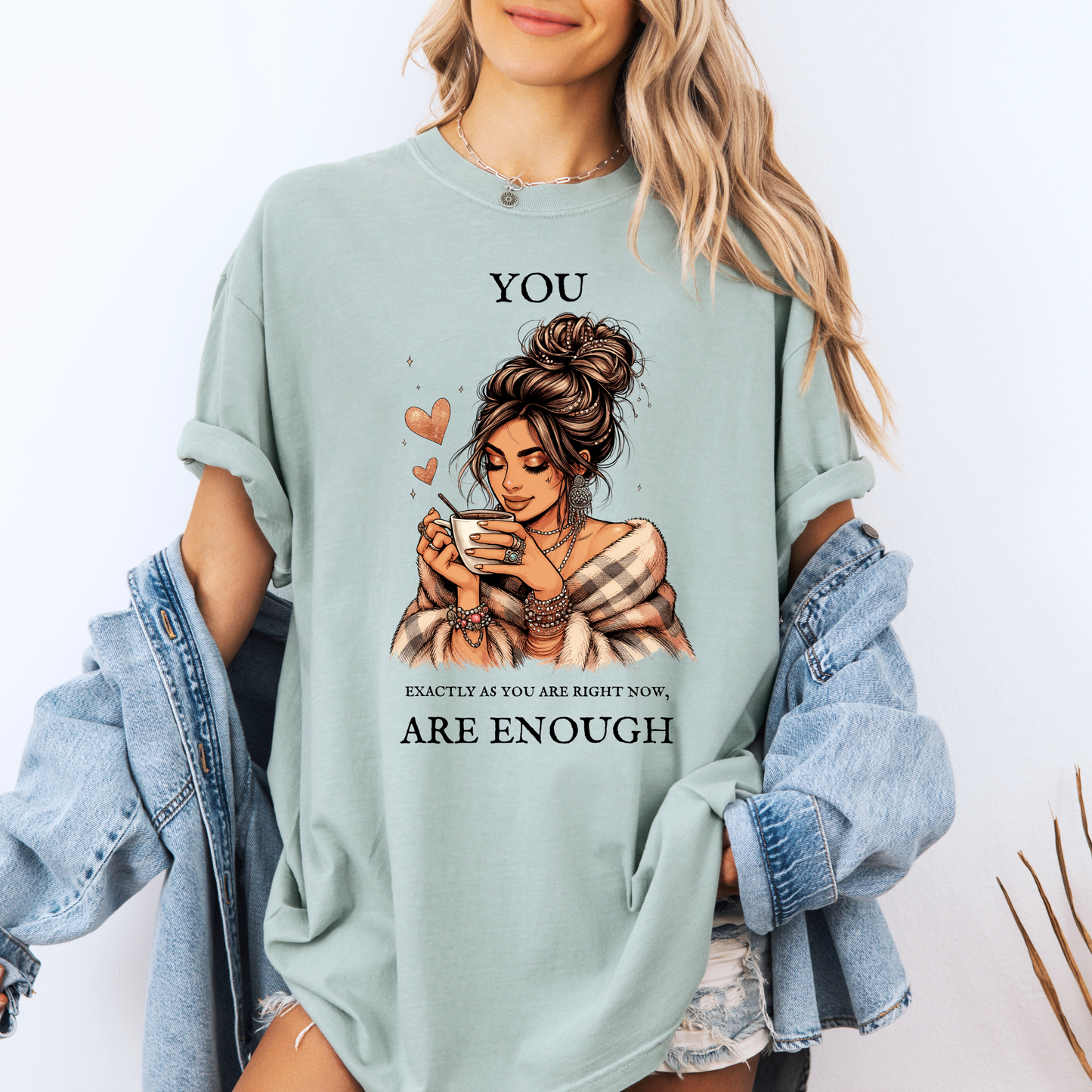 ✨☕ Cozy Self-Love Tee 💕🌸
“You Are Enough” 🌿💖
