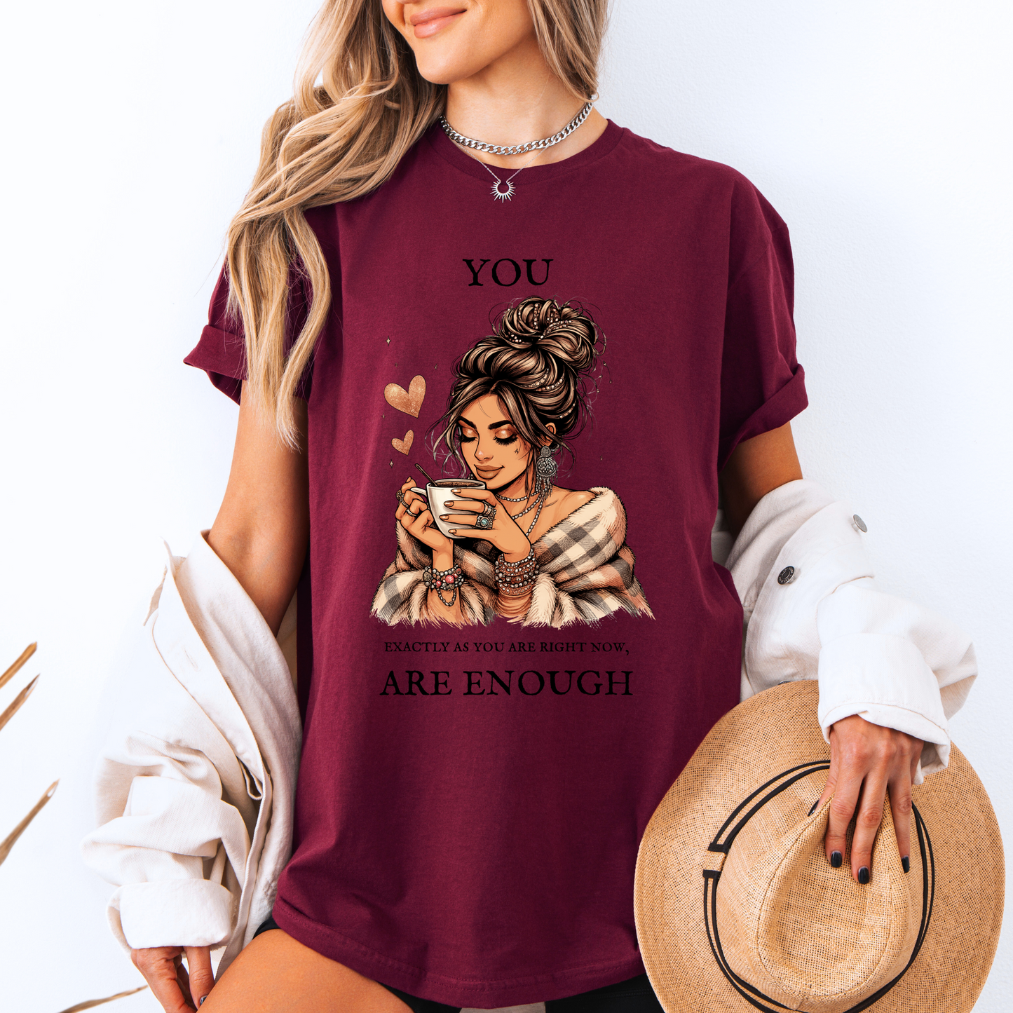 ✨☕ Cozy Self-Love Tee 💕🌸
“You Are Enough” 🌿💖