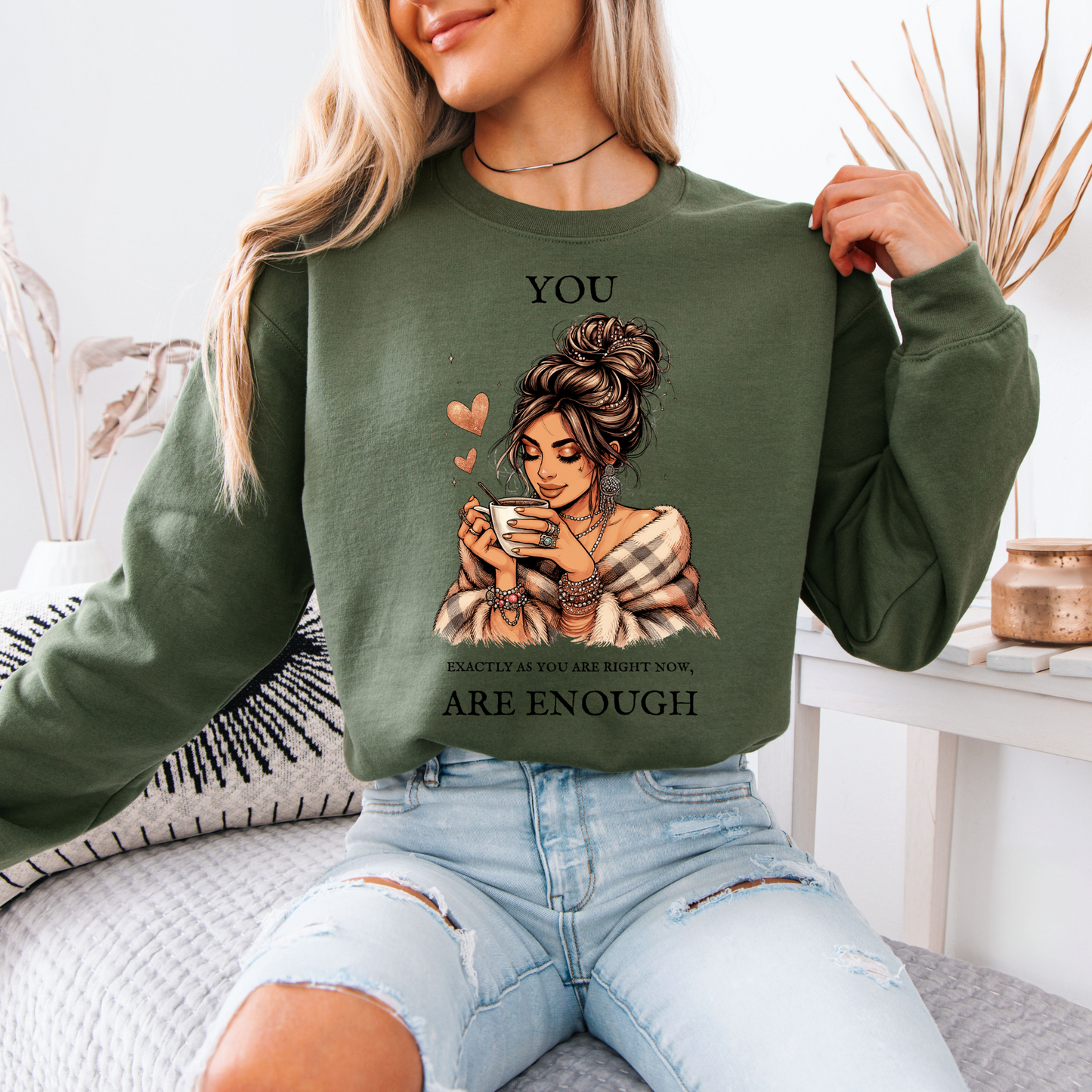 🌸☕ Cozy Self-Love Sweatshirt 💕✨
“You Are Enough”