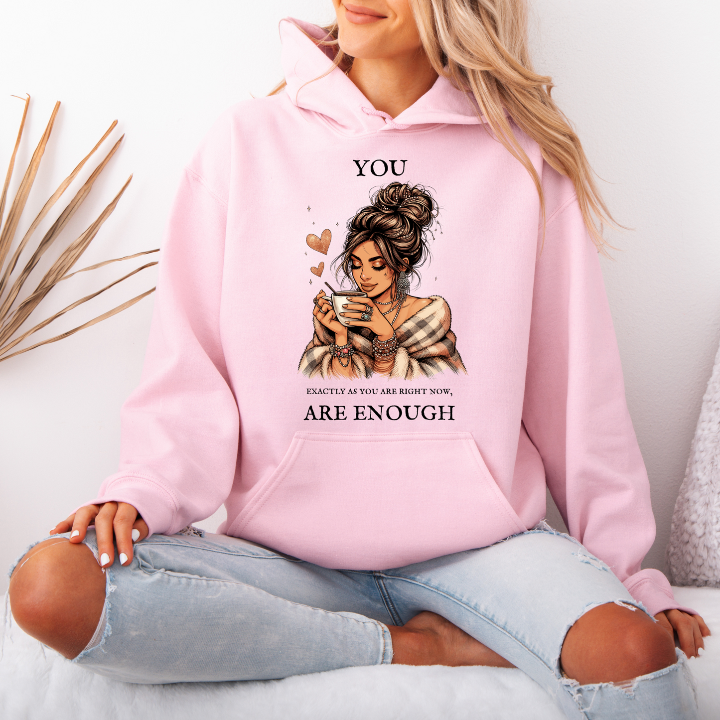 💖☕ Cozy Self-Love Hoodie 🌸✨
“You Are Enough” Pink Comfort Hoodie 🌿💕