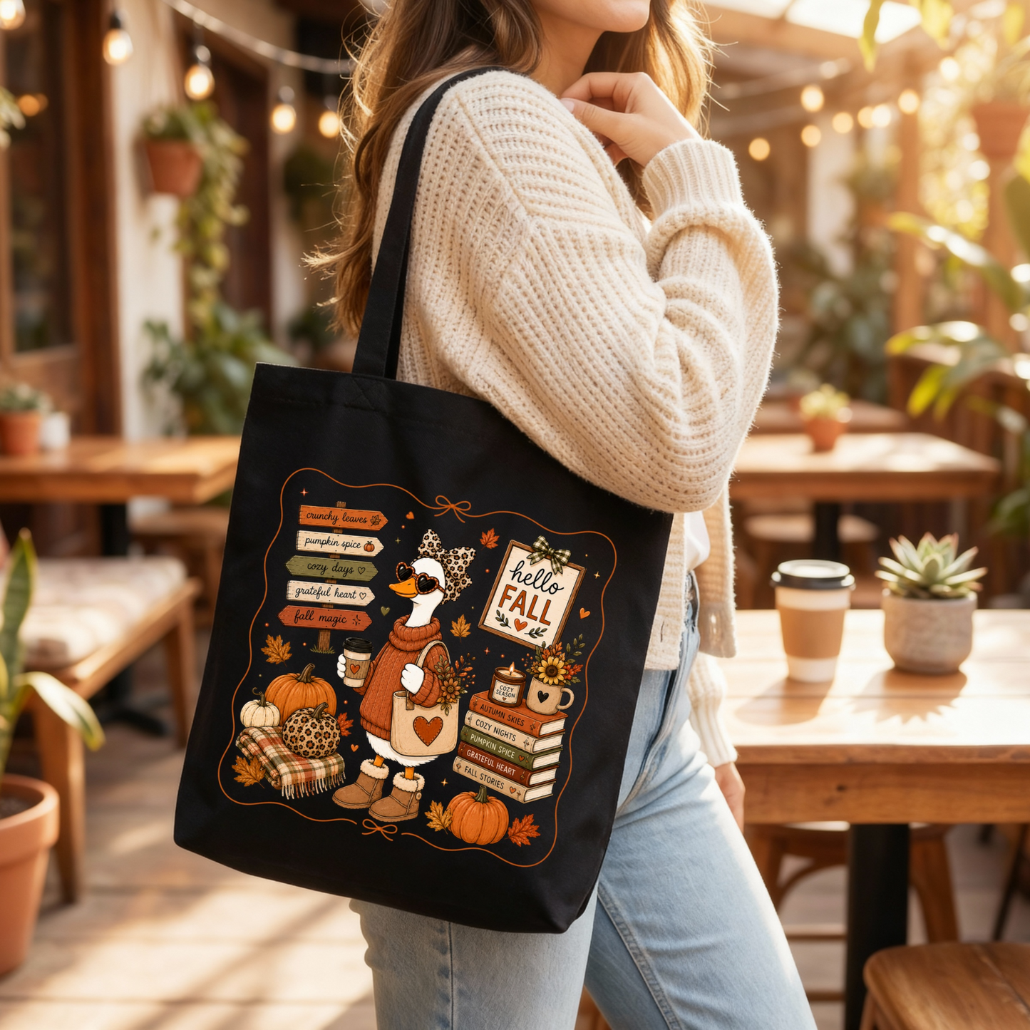 Hello Fall Goose Black Tote Bag 🍂🪿