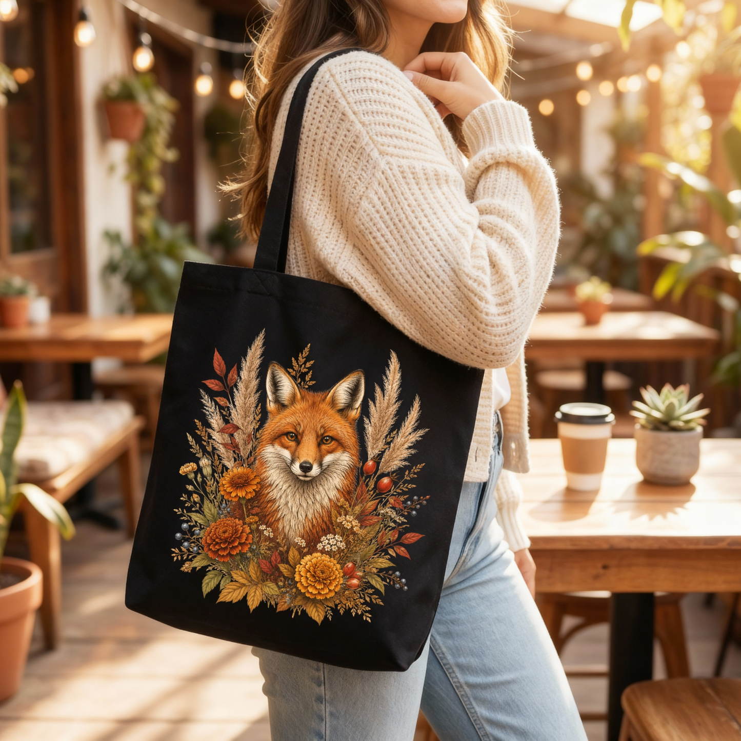 Black Autumn Fox and Wildflowers Tote Bag 🦊🍂
