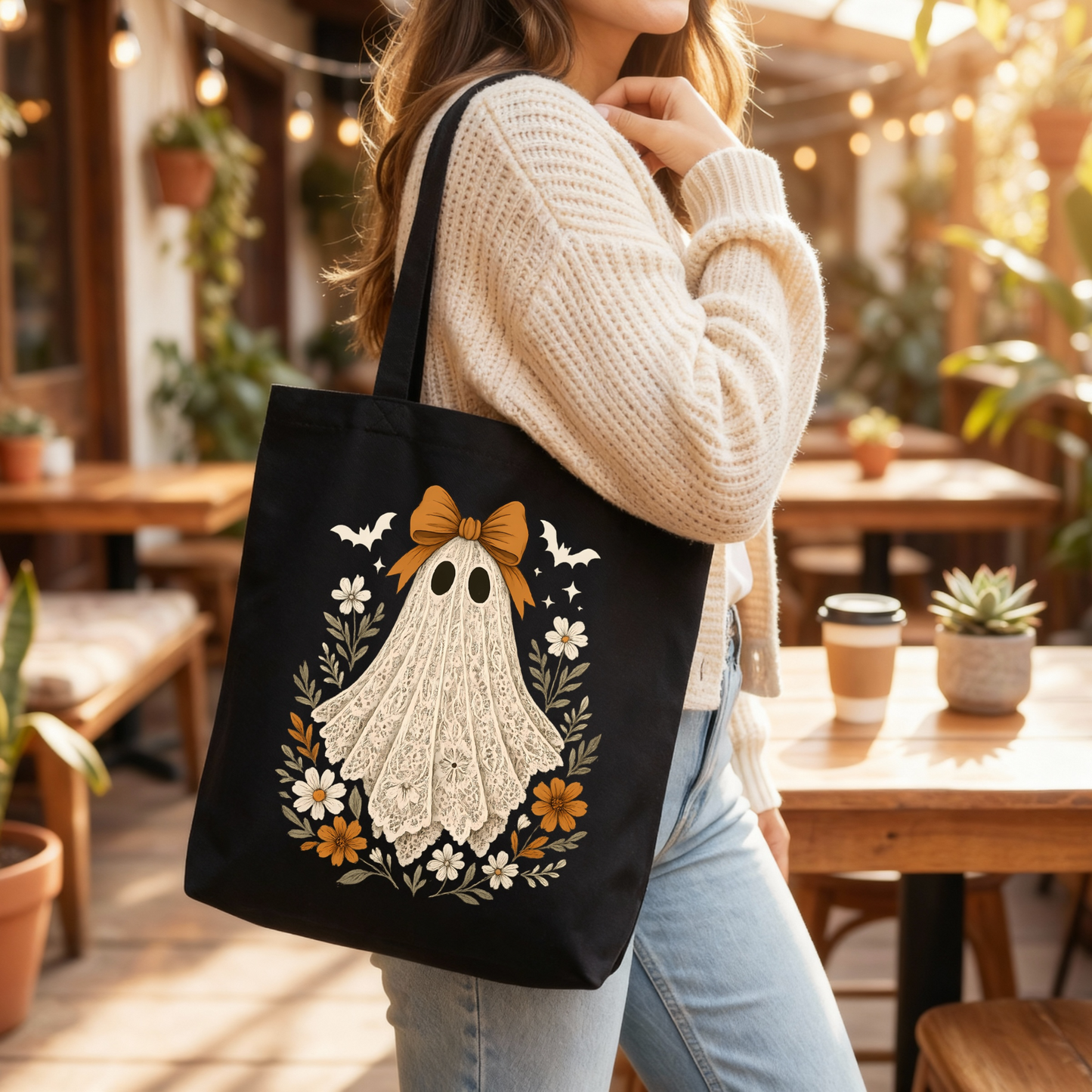 🖤👻 Vintage Lace Ghost Floral Black Tote Bag 🎀🌼🍂