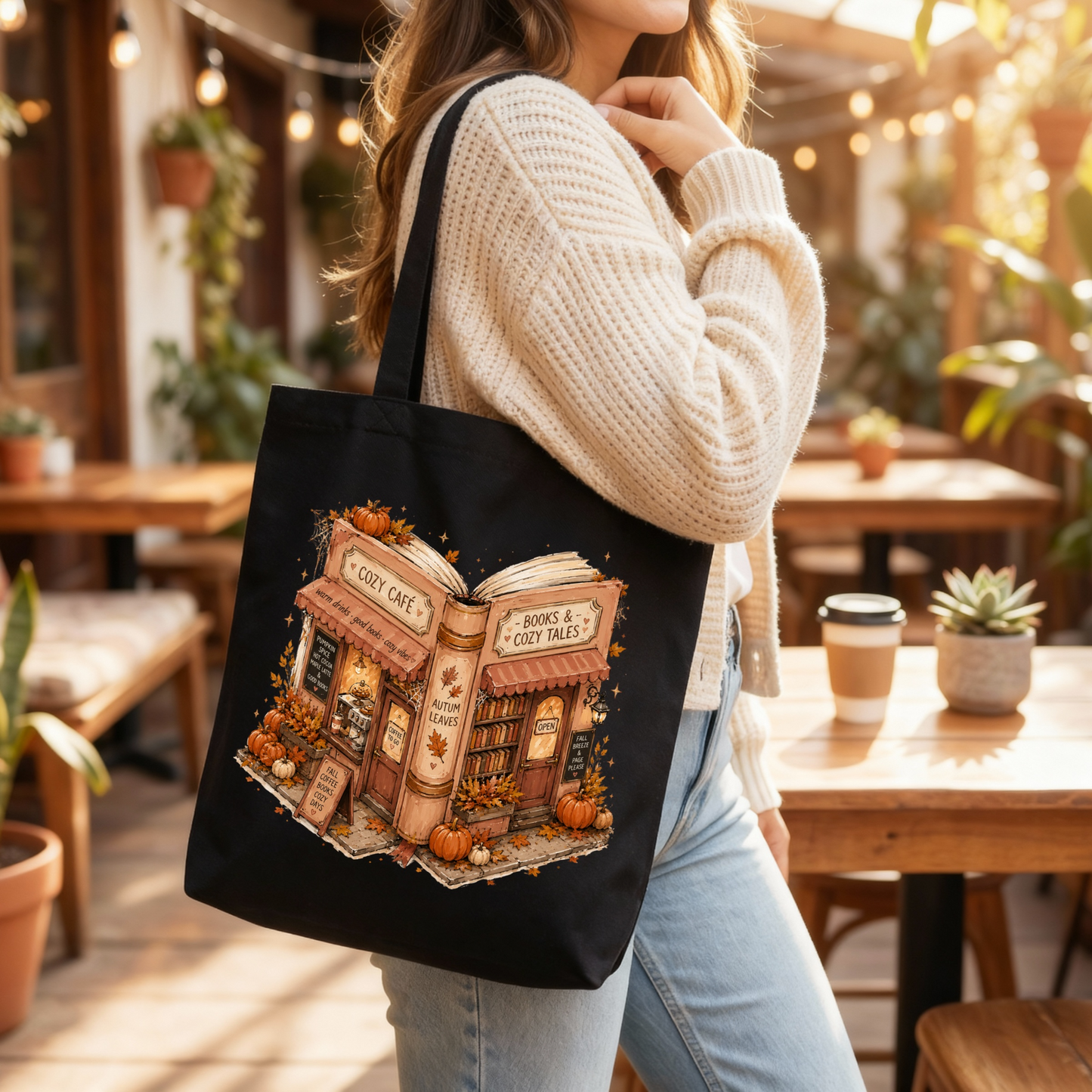 📚🍂 Cozy Café & Books Autumn Tote Bag ☕🎃