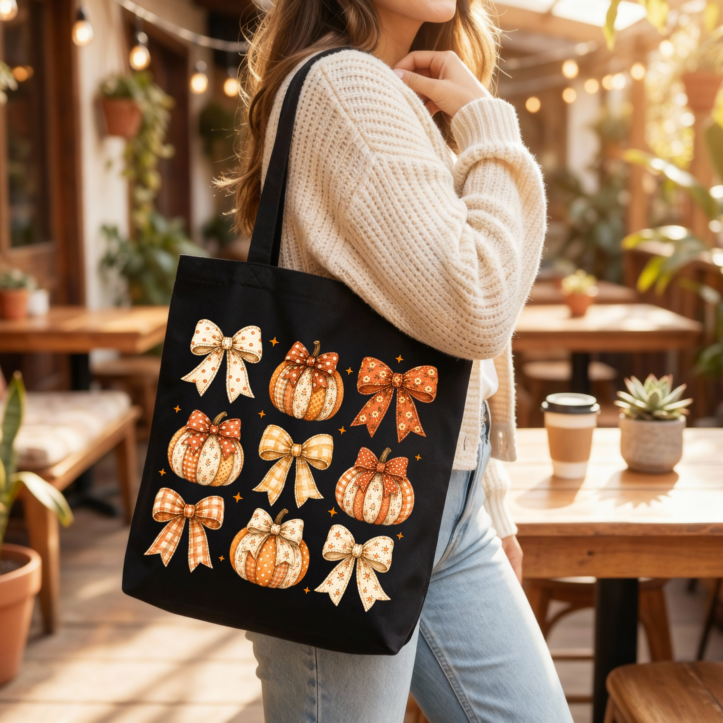 ๐๐ Pumpkin Bows Autumn Black Tote Bag ๐โจ