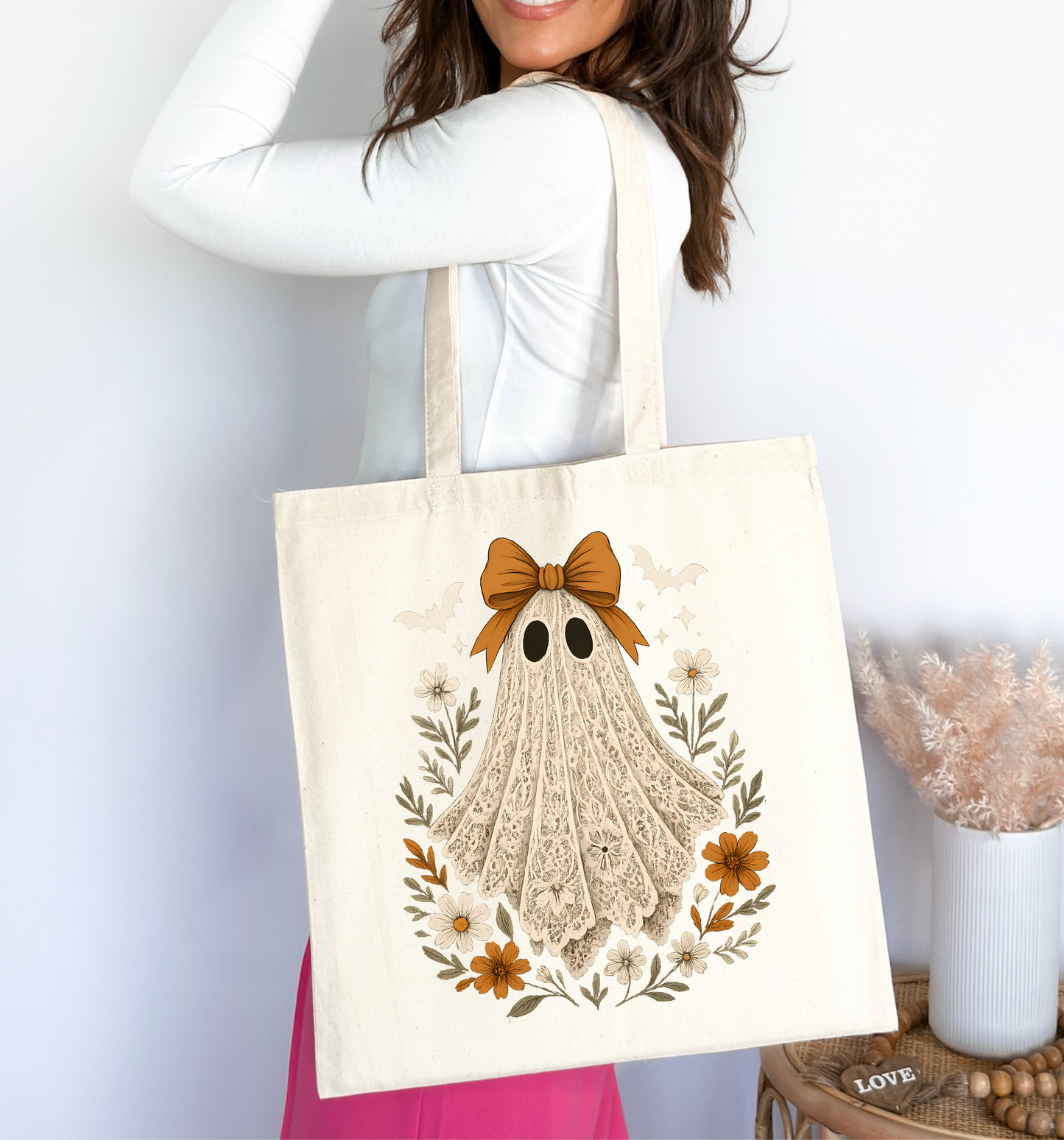 👻🎀 Vintage Lace Ghost Floral Tote Bag 🌼🍂✨