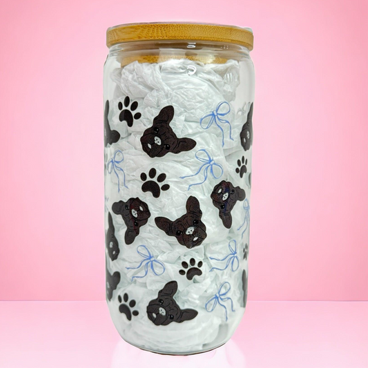 Frenchie Bulldog Blue Bow16oz (455ml) Iced Coffee Glass Cup