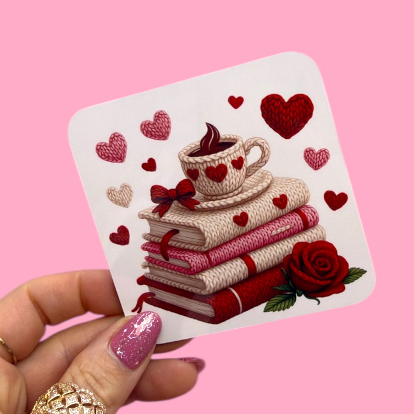 💗☕📚 Cozy Hearts, Coffee & Books Coaster