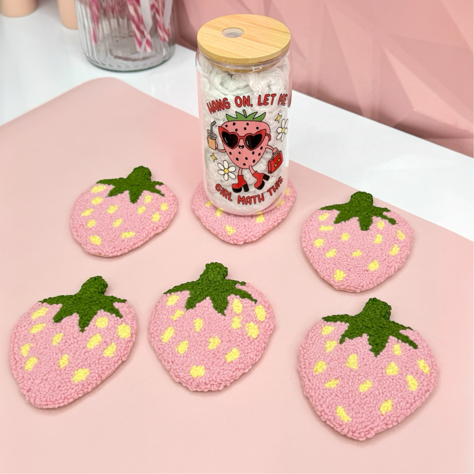 🍓 Handmade Pink Strawberry Mug Rug Coaster 🌸✨