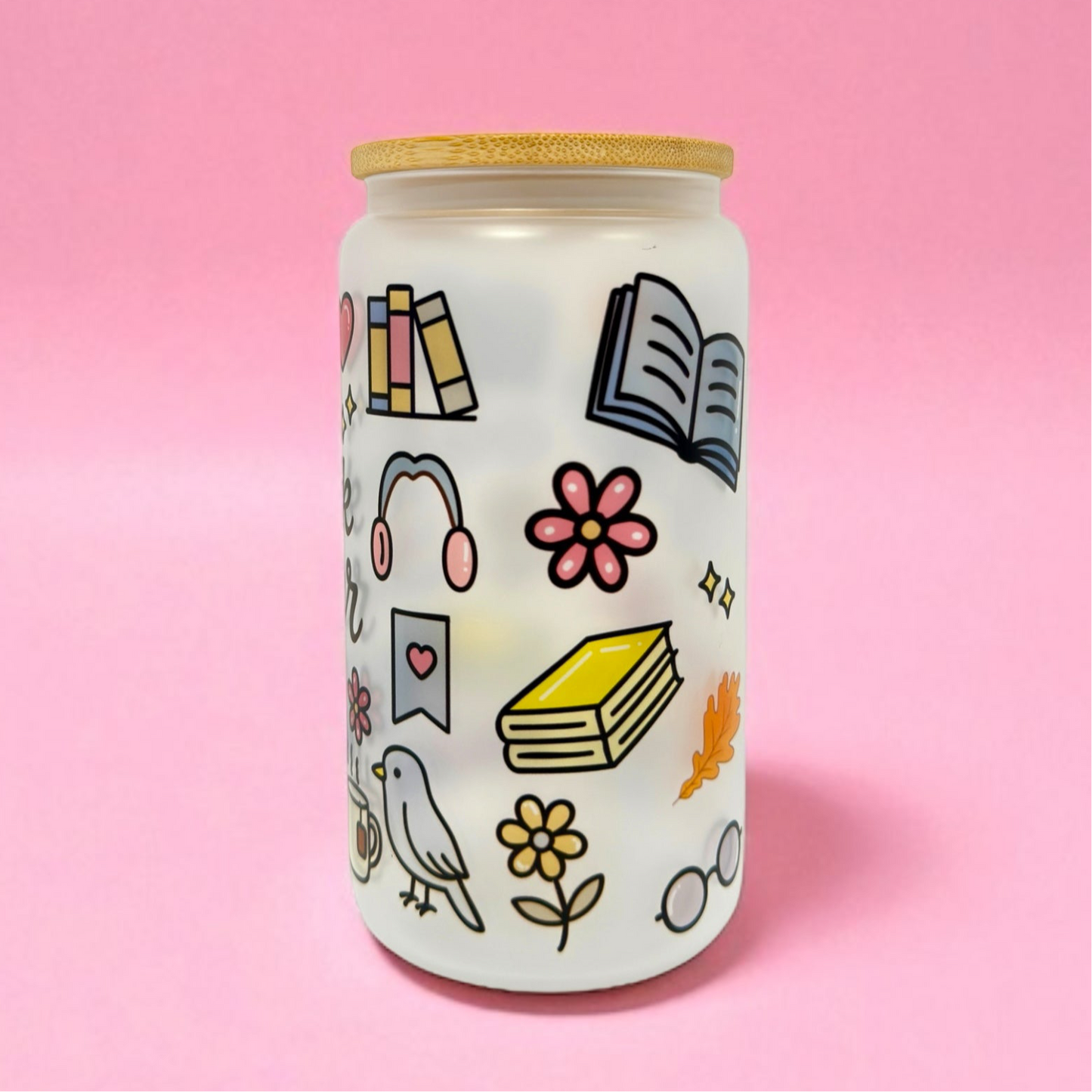 🧋✨ 16oz Frosted Glass Cup – Book Lover Edition 📚💖