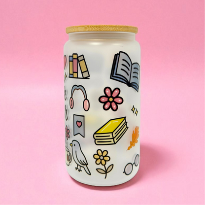 🧋✨ 16oz Frosted Glass Cup – Book Lover Edition 📚💖