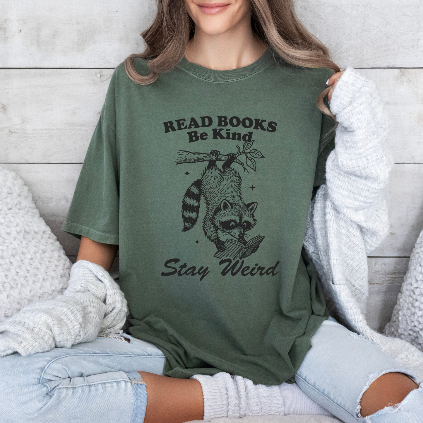 📚✨ “Stay Weird, Read Books” Raccoon Tee – Be Kind & Quirky Vibes 🦝💚