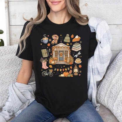 🍂📚 Autumn Bookshop Cotton T-Shirt ☕✨