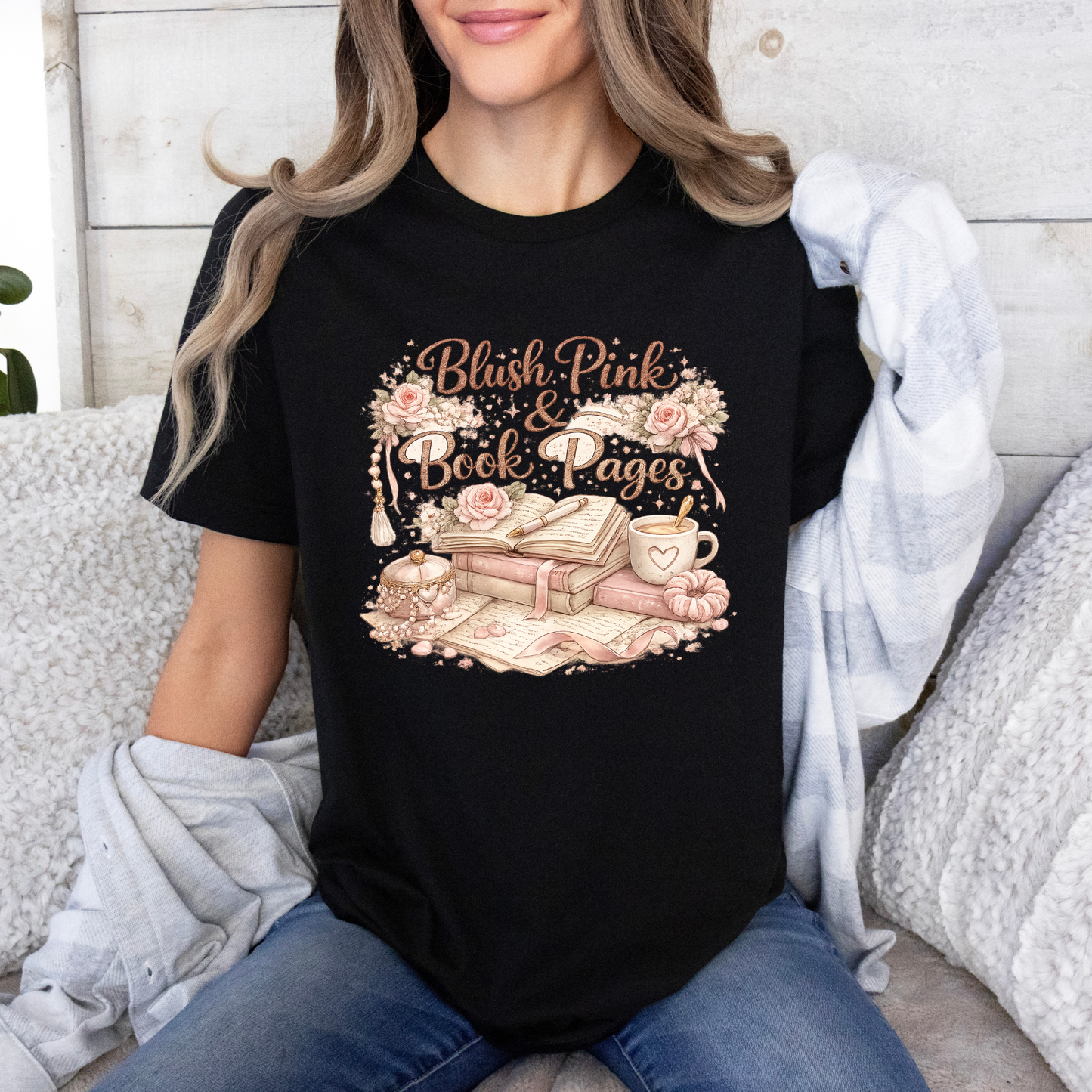 Blush Pink & Book Pages 📚🌸 t-shirt 100% Organic Cotton