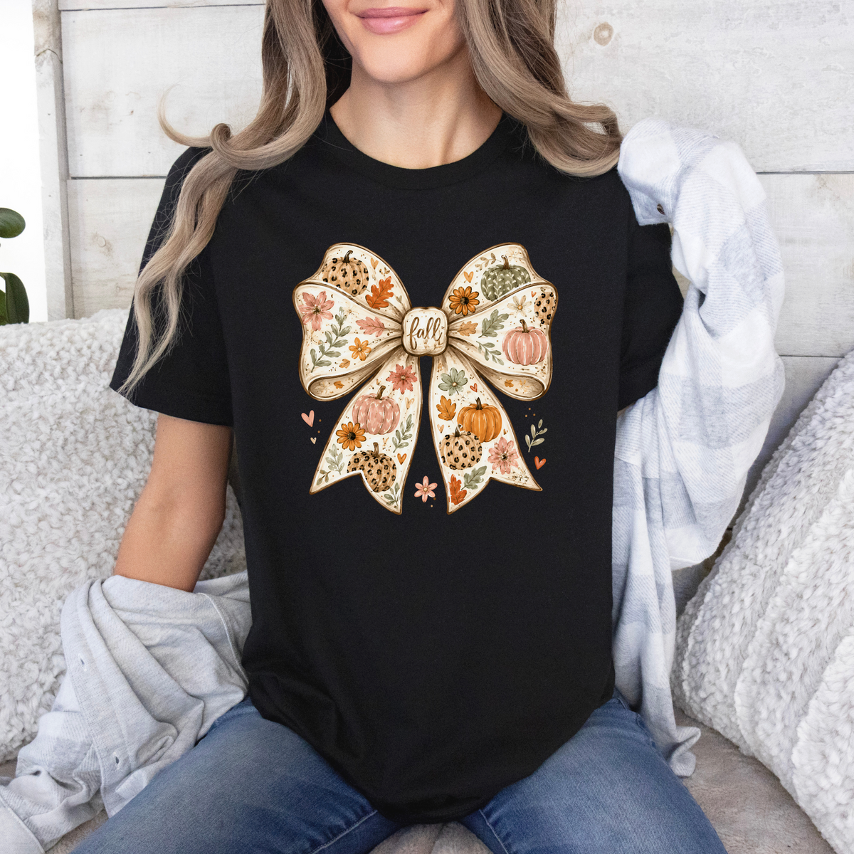 🎃🎀 Pumpkin Bow Fall Cotton T-Shirt 🍂✨