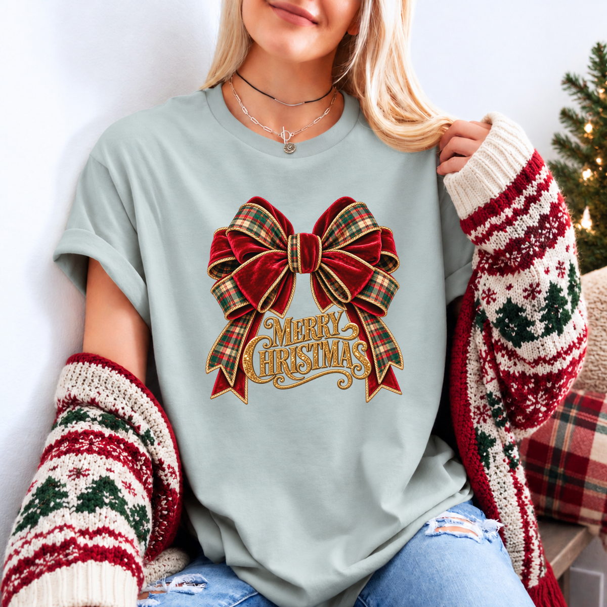 Christmas in Velvet & Tartan 🎀🎄✨ Organic Cotton Christmas T-Shirt
