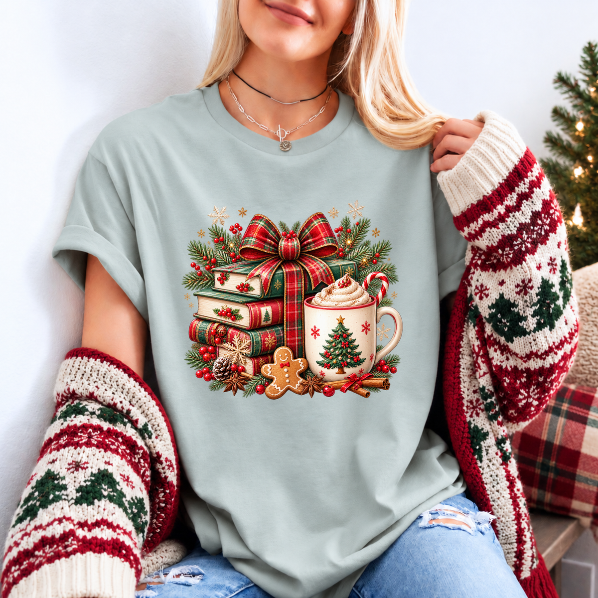 Festive Christmas Book Nook 🎄📚✨ Organic Cotton Christmas T-Shirt