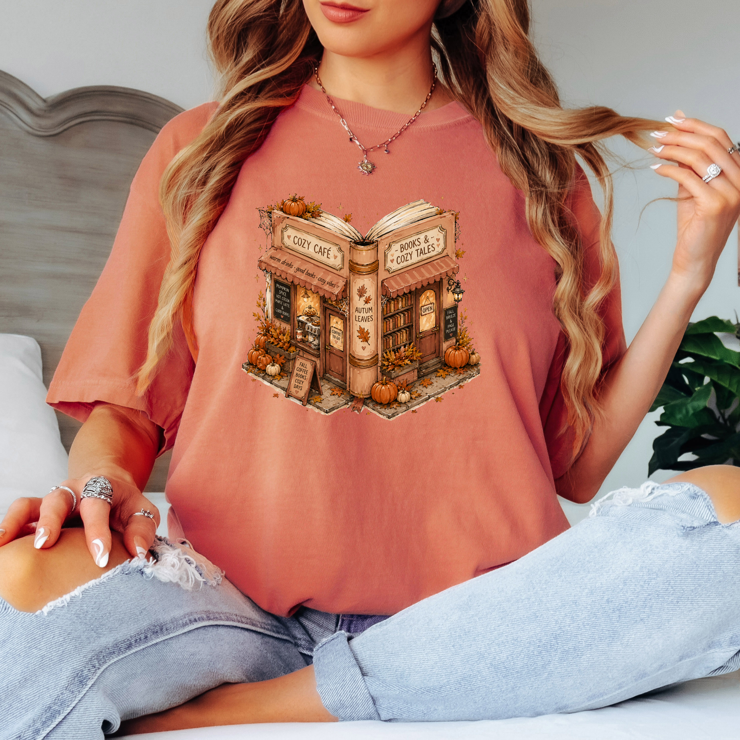 📚🍂 Cozy Café & Books Autumn T-Shirt ☕🎃