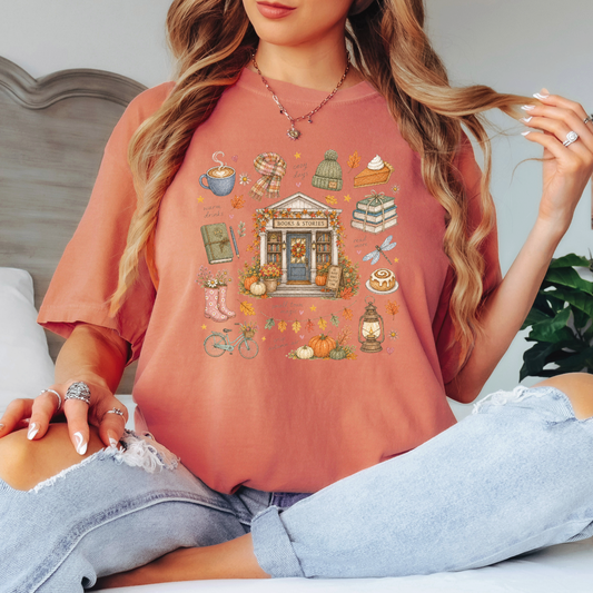 🍂📚 Autumn Bookshop Cotton T-Shirt ☕✨