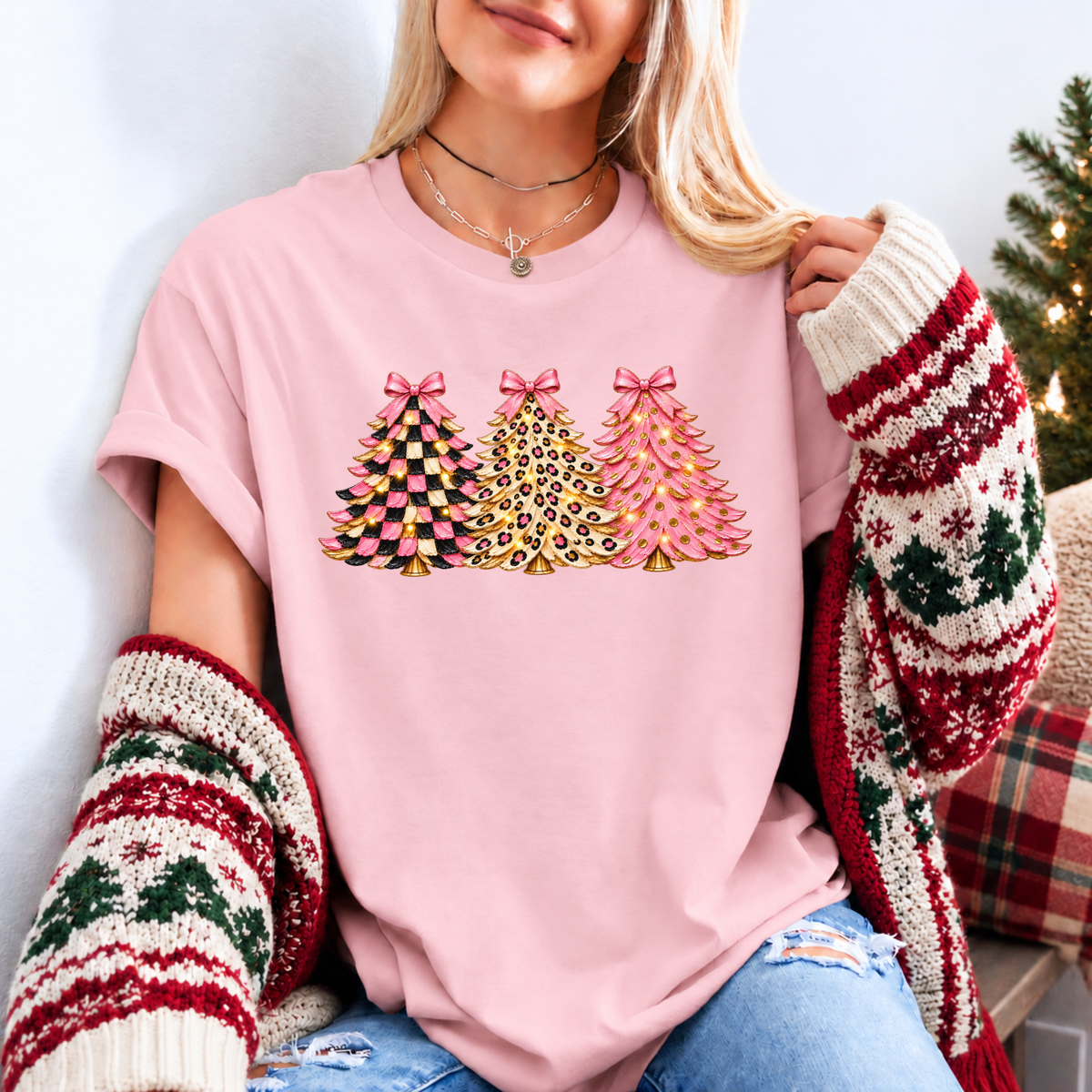 Pink, Wild & Bow-tiful Christmas Trees 🎀🎄✨ Organic Cotton Christmas T-Shirt