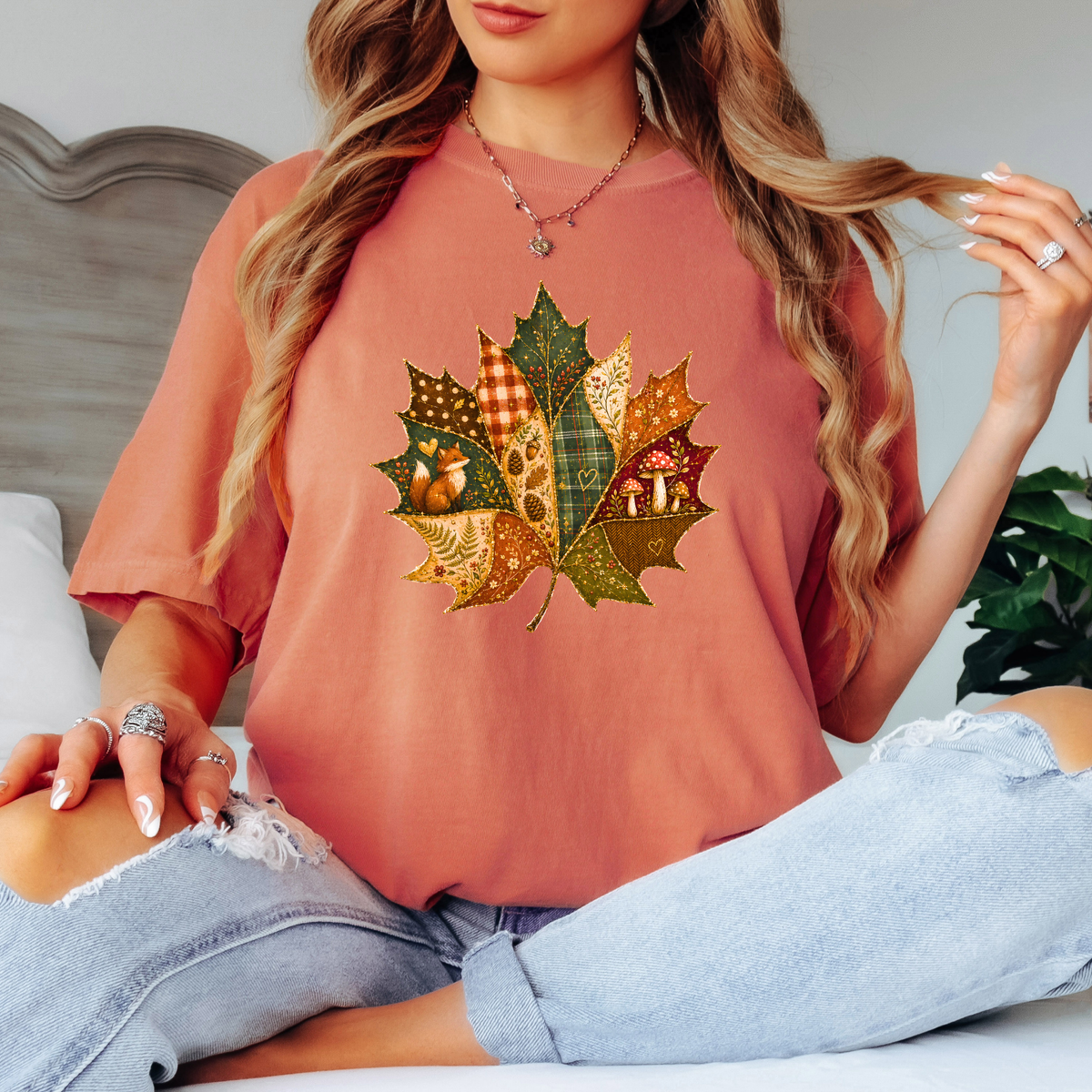 🍂🧵 Patchwork Autumn Leaf Cotton T-Shirt 🍁✨