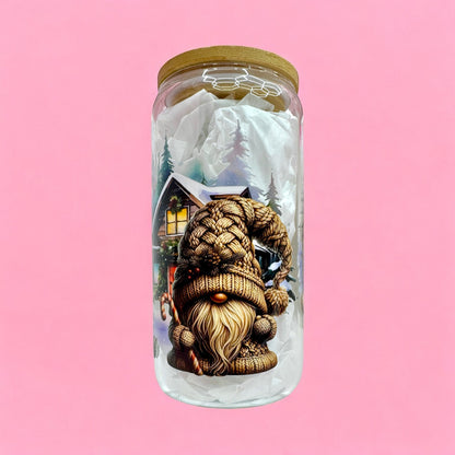 🎅 Cozy Christmas Gnome 16oz Glass Cup with Bamboo Lid ❄️