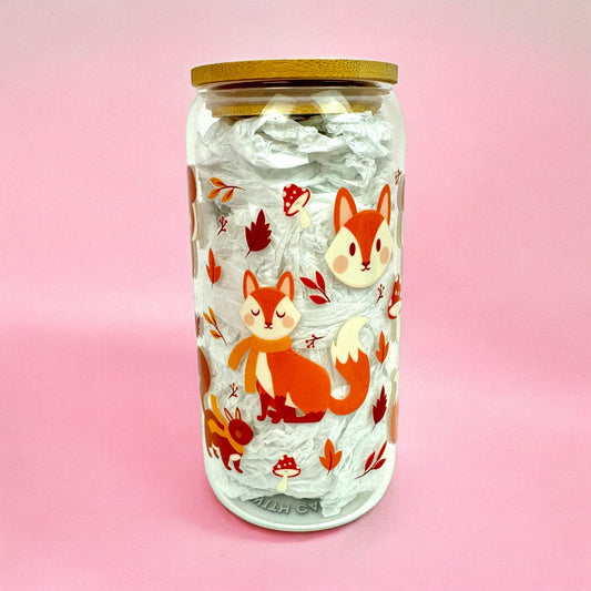 🦊 Cozy Fox Autumn 16oz Clear Glass Can with Bamboo Lid & Straw 🍂✨