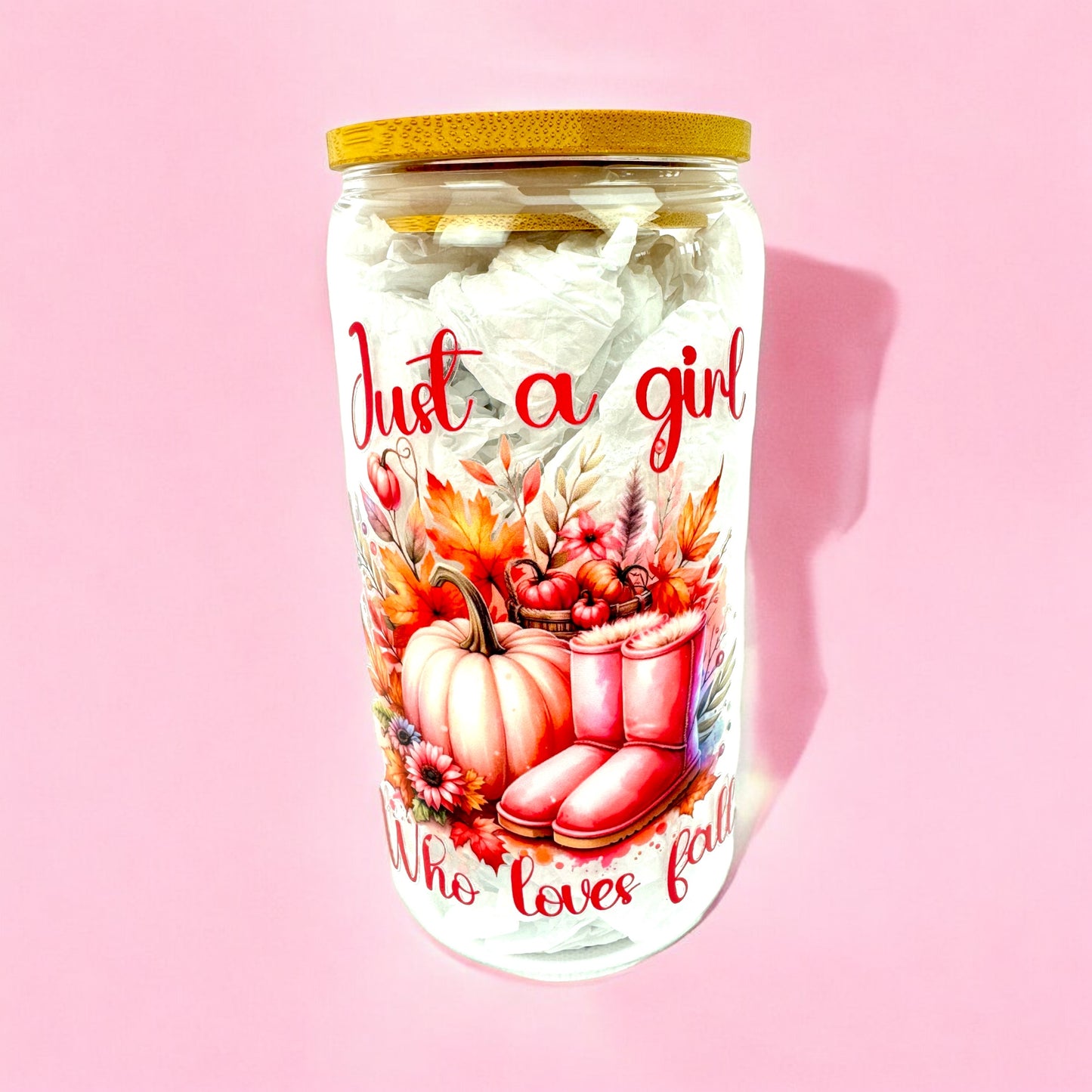 ☕ Just a Girl Who Loves Fall Cup – 16oz Glass 🍂