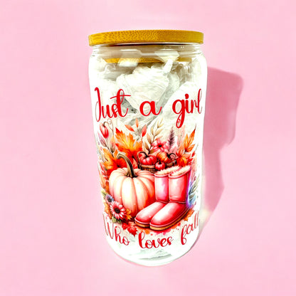 ☕ Just a Girl Who Loves Fall Cup – 16oz Glass 🍂