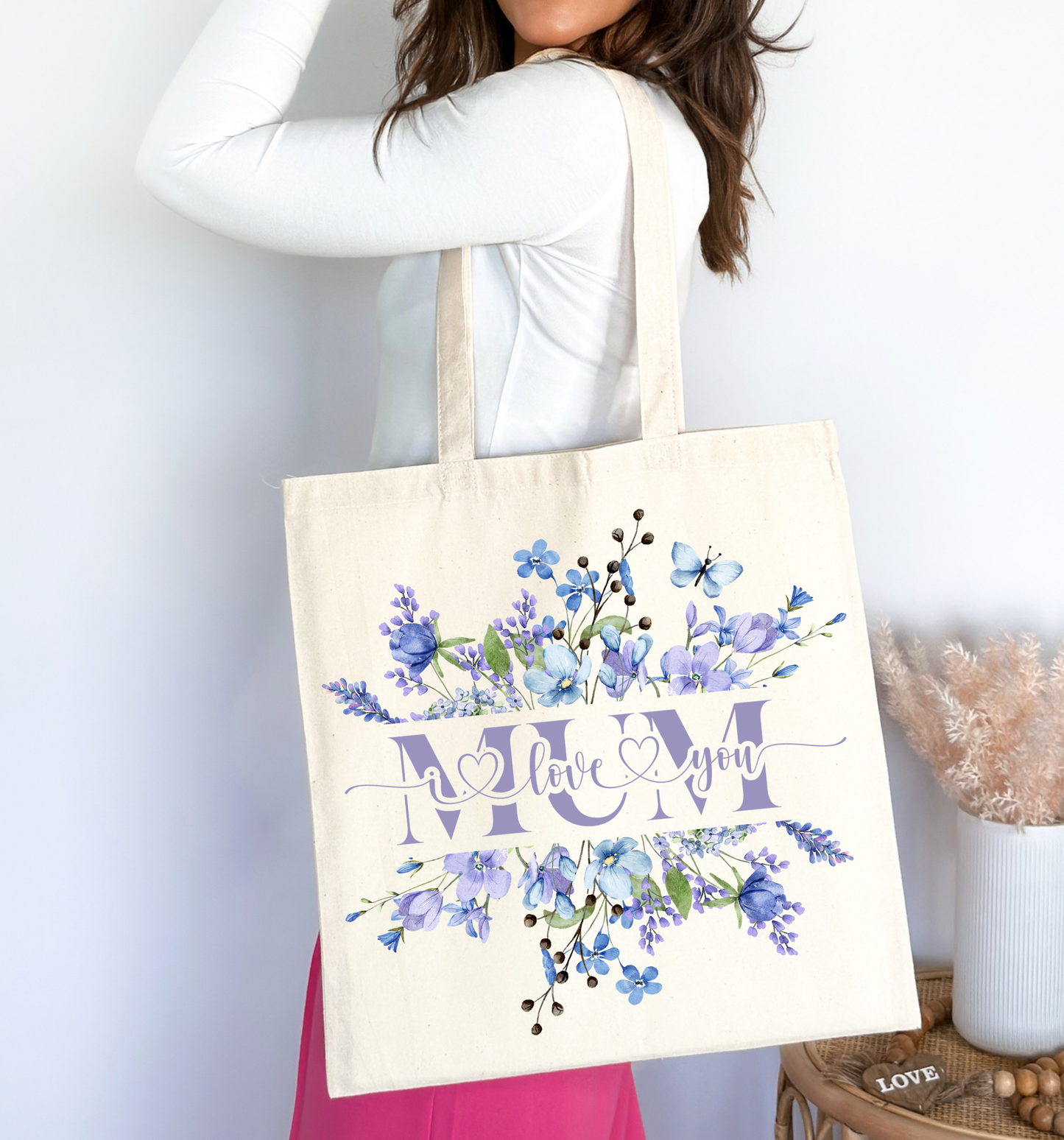 💙 Floral “Mum” Canvas Tote Bag — Elegant Blue Wildflower Mother’s Day Gift