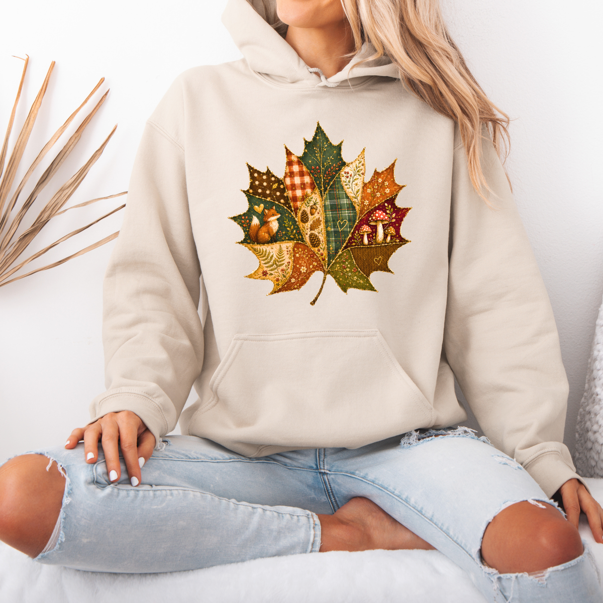 🍂🧵 Patchwork Autumn Leaf Premium Hoodie 🍁✨