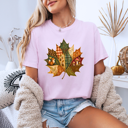 🍂🧵 Patchwork Autumn Leaf Cotton T-Shirt 🍁✨
