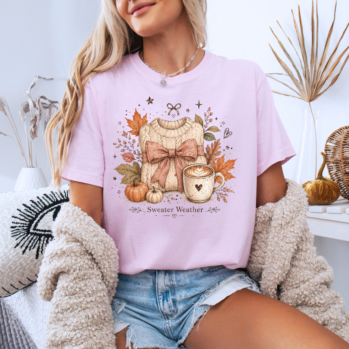🍂🎀 Sweater Weather Bow Cotton T-Shirt 🧶✨