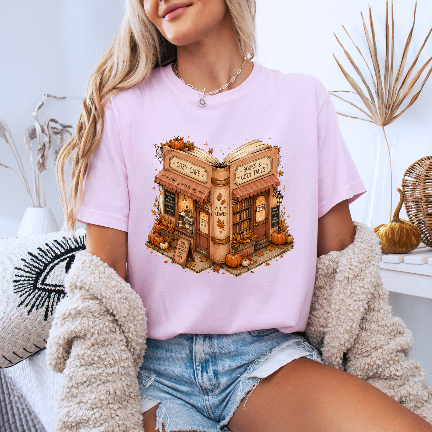 📚🍂 Cozy Café & Books Autumn T-Shirt ☕🎃