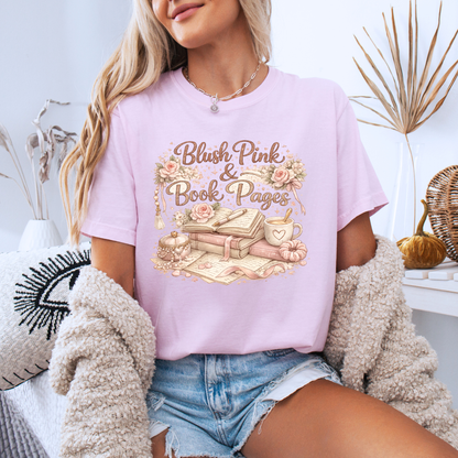 Blush Pink & Book Pages 📚🌸 t-shirt 100% Organic Cotton