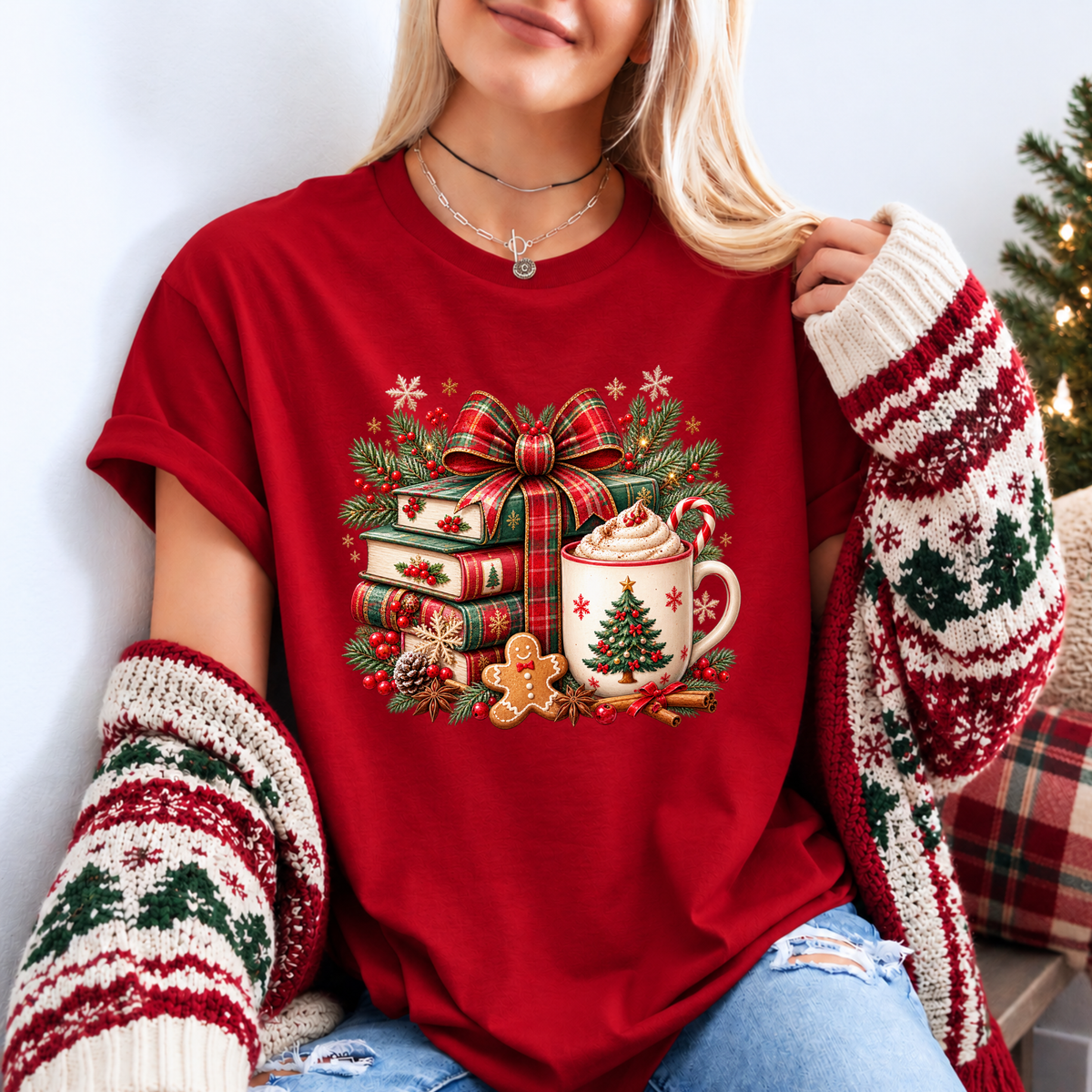 Festive Christmas Book Nook 🎄📚✨ Organic Cotton Christmas T-Shirt