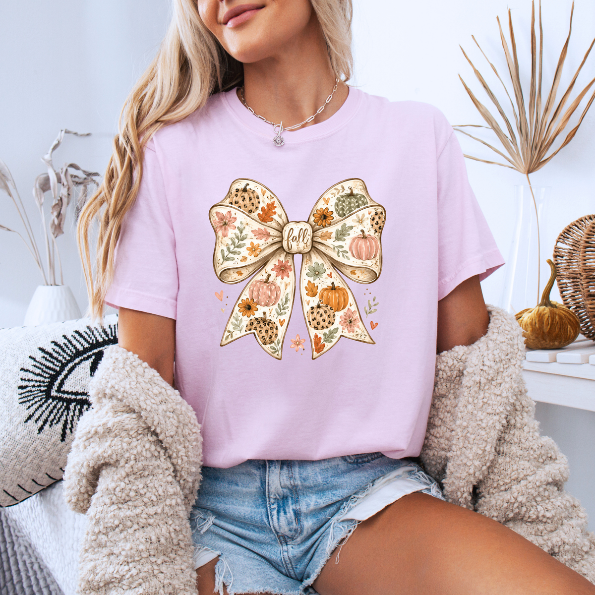 🎃🎀 Pumpkin Bow Fall Cotton T-Shirt 🍂✨