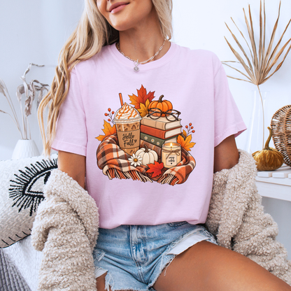 🍂📚 Hello Fall Bookish Cotton T-Shirt ☕✨