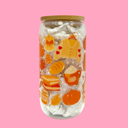 🍂 Cozy Fall Vibes – 16oz Glass Cup with Bamboo Lid 🍁
