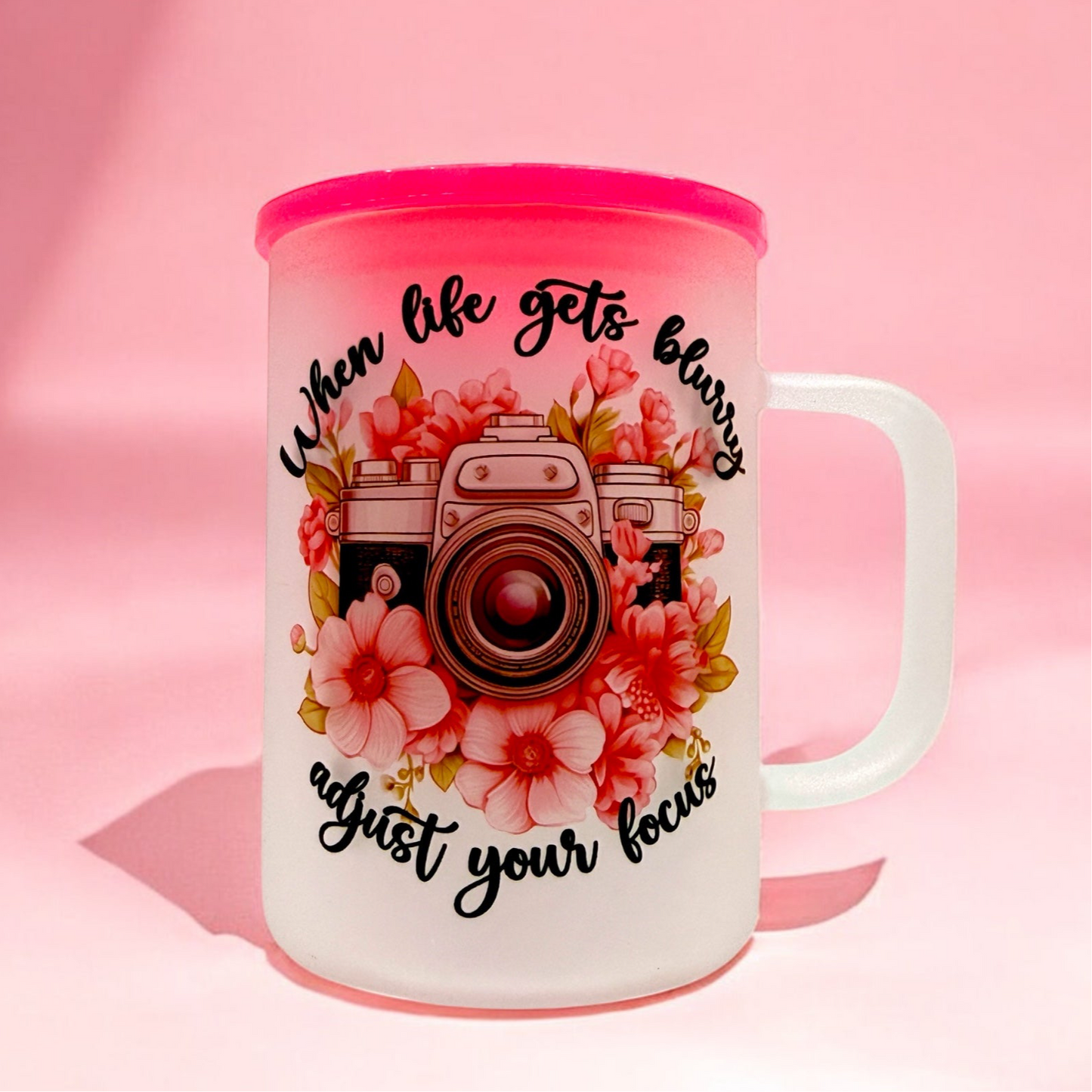 📸 16oz Frosted Mug – “Adjust Your Focus” Pink Floral Camera Design 🌸✨
