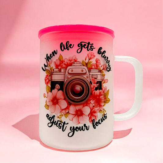 📸 16oz Frosted Mug – “Adjust Your Focus” Pink Floral Camera Design 🌸✨