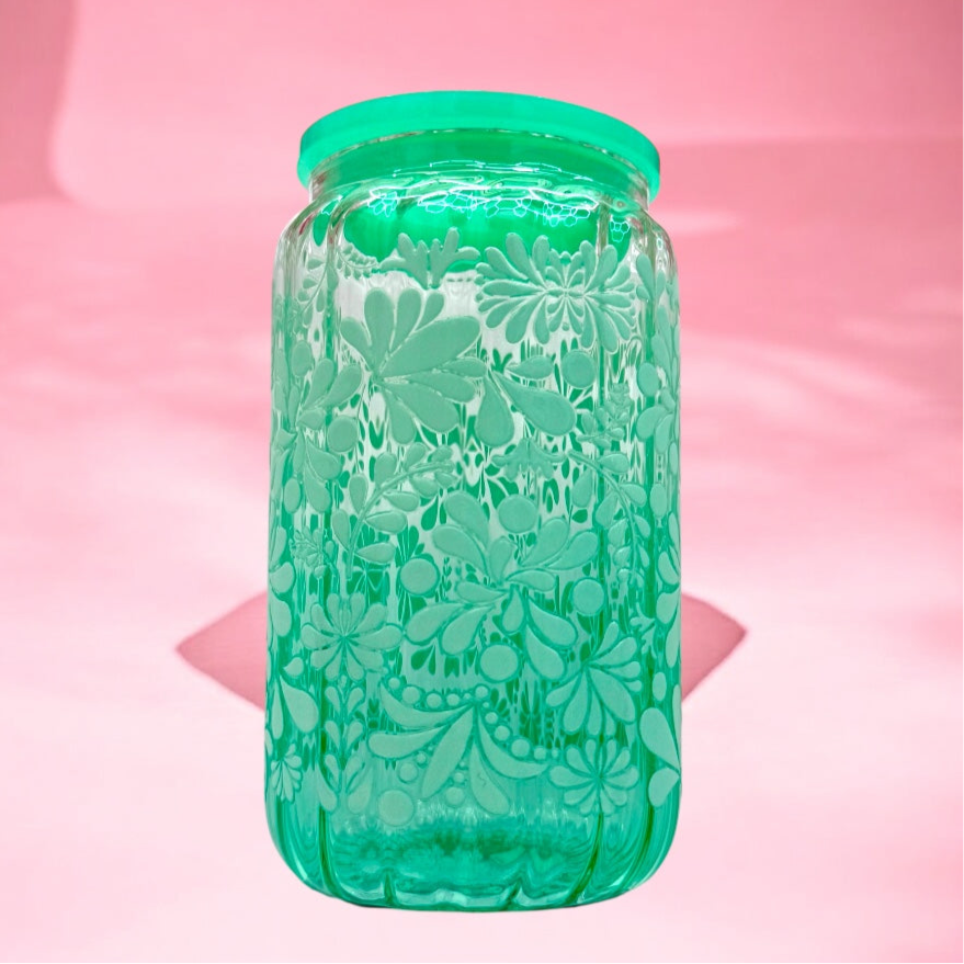 Floral Groove 16oz Glass Cup 🌿✨ | Double-Sided Sticker + Green Lid & Straw 💚🥤
