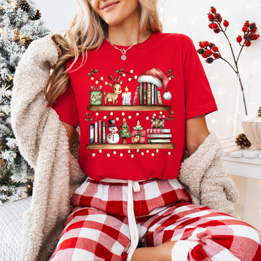 🎄 Cozy Christmas Bookshelf 100% Organic Cotton T-Shirt 📚✨