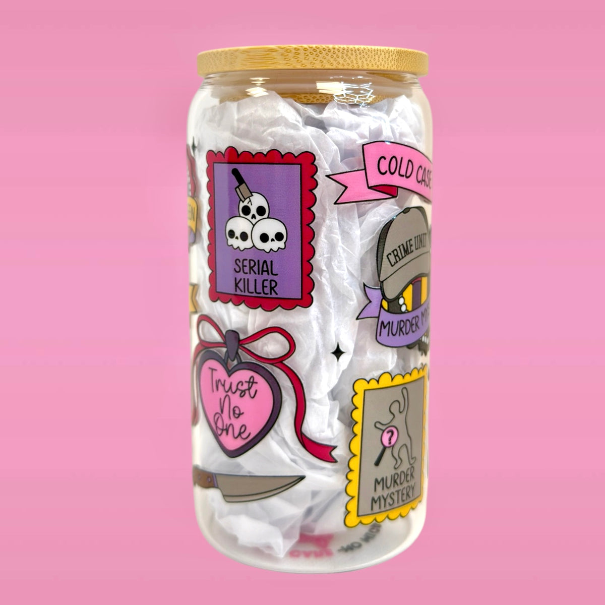 📚Thriller & True Crime Lover 16oz Glass Cup 💀