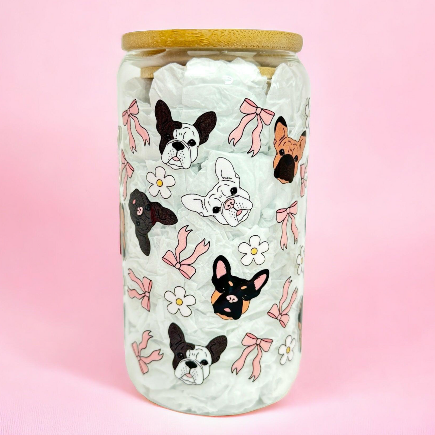 Frenchie Bulldog Pink Bow Daisies 16oz (455ml) Iced Coffee Glass Cup
