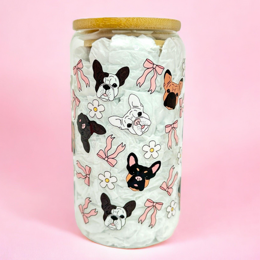Frenchie Bulldog Pink Bow Daisies 16oz (455ml) Iced Coffee Glass Cup