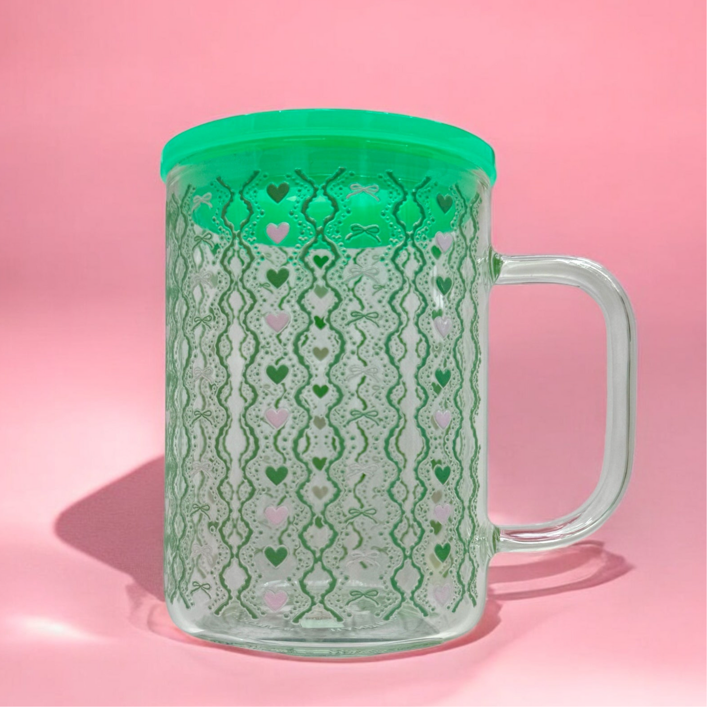 Green Hearts & Waves 16oz Glass Mug – with Lid & Straw 💚✨