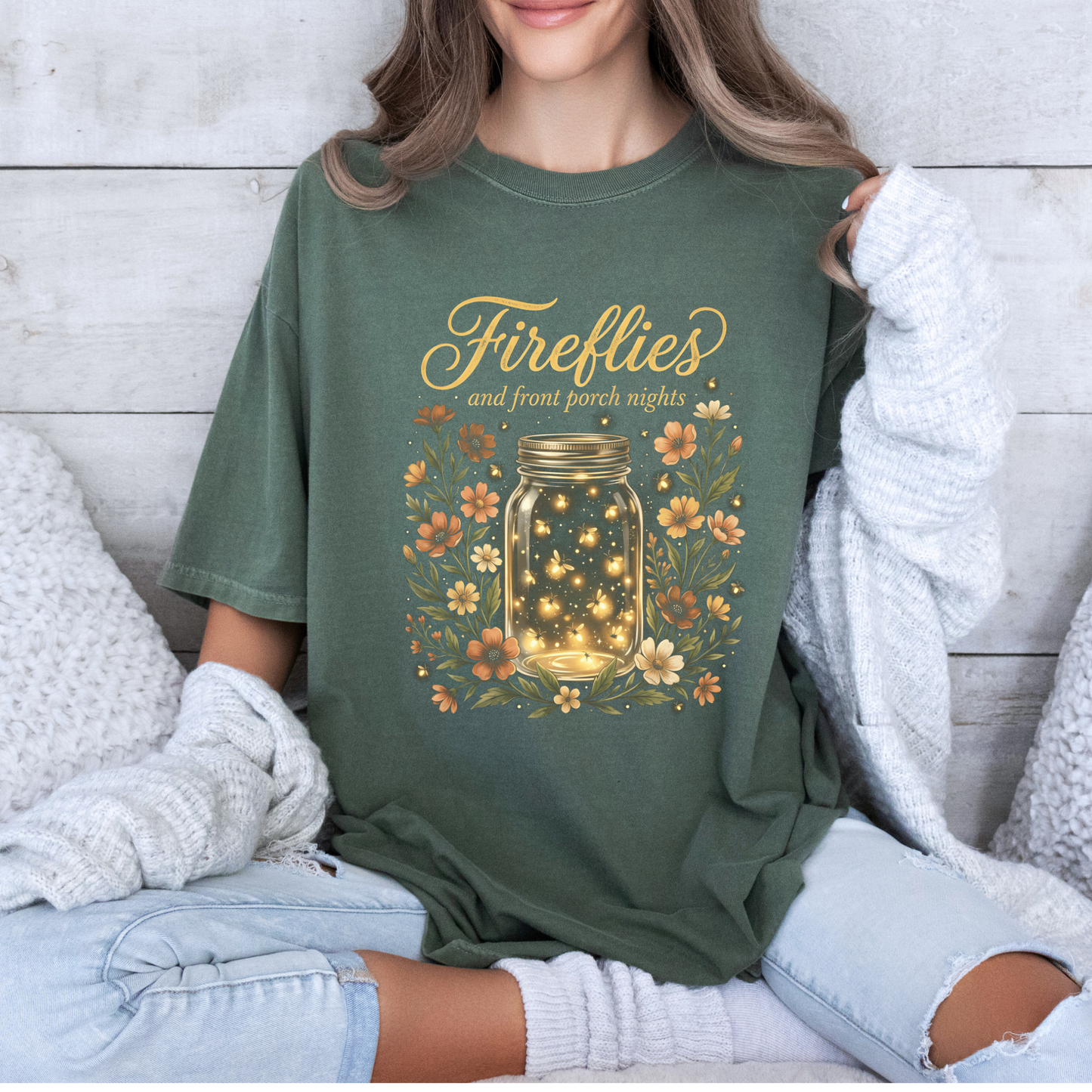 ✨🐞 Fireflies & Front Porch Nights Floral t-shirt 🌙🌼💛