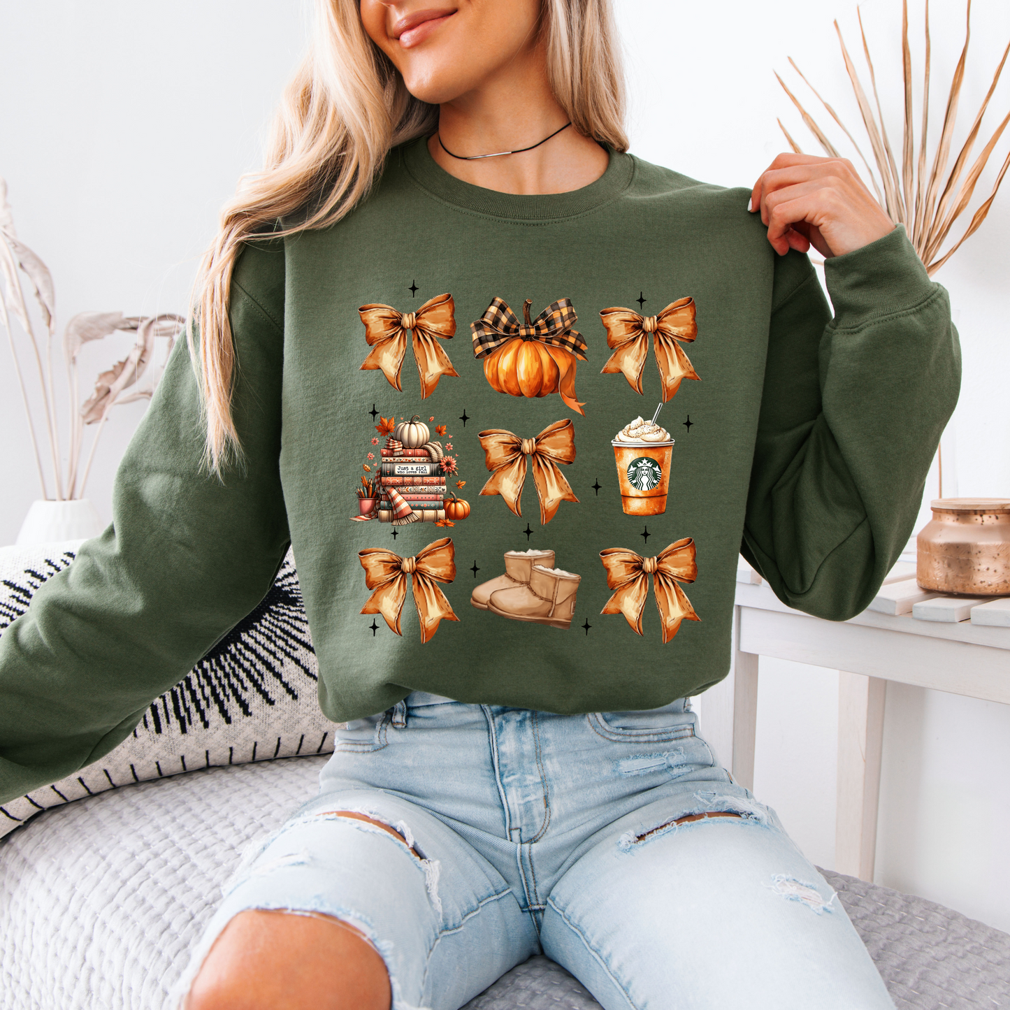 🎀🍂 Cozy Fall Bows Sweatshirt 🎃☕ Cotton Sweatshirt